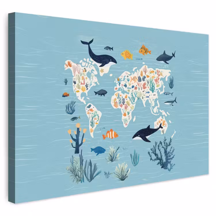 Buiten canvas - Wereldkaart - Zeeleven - Blauw — 1