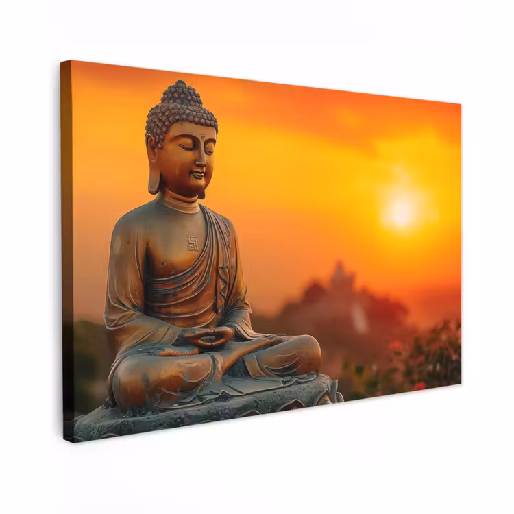 Buiten canvas - Mediterende Boeddha bij zonsondergang — 1