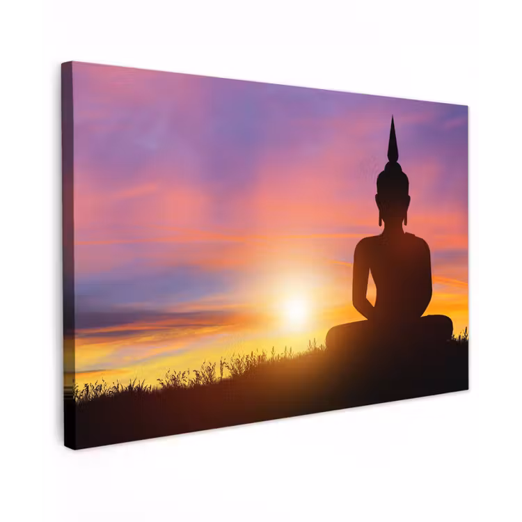 Buiten canvas - Zonsondergang - Horizon - Boeddha beeld - Buddha - Silhouette — 1