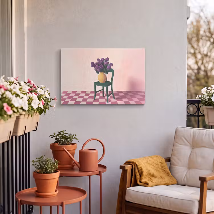 Buiten canvas - Stoel - Vaas - Bloemen - Geblokt — 3