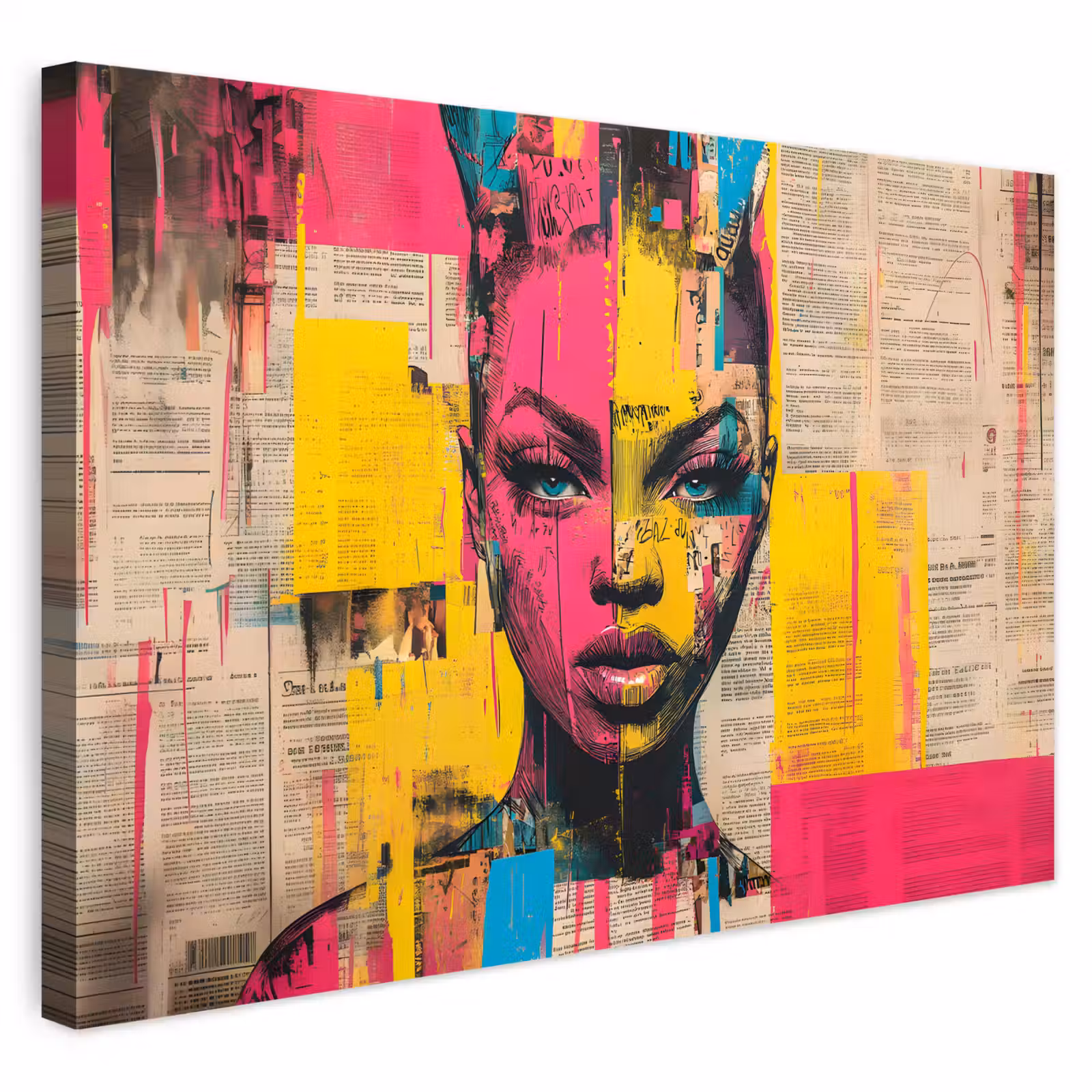 Buiten canvas - Vrouwengezicht - Krantenpapier - Abstract - Roze — 1