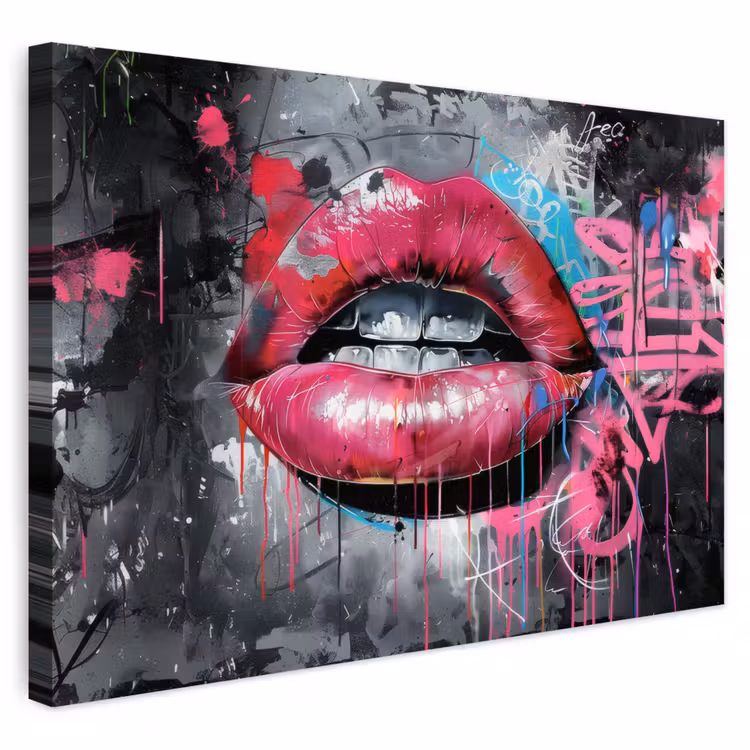 Buiten canvas - Lippen - Felroze - Graffiti - Verfstrepen — 1