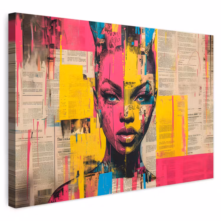 Buiten canvas - Vrouwengezicht - Krantenpapier - Abstract - Roze — 1