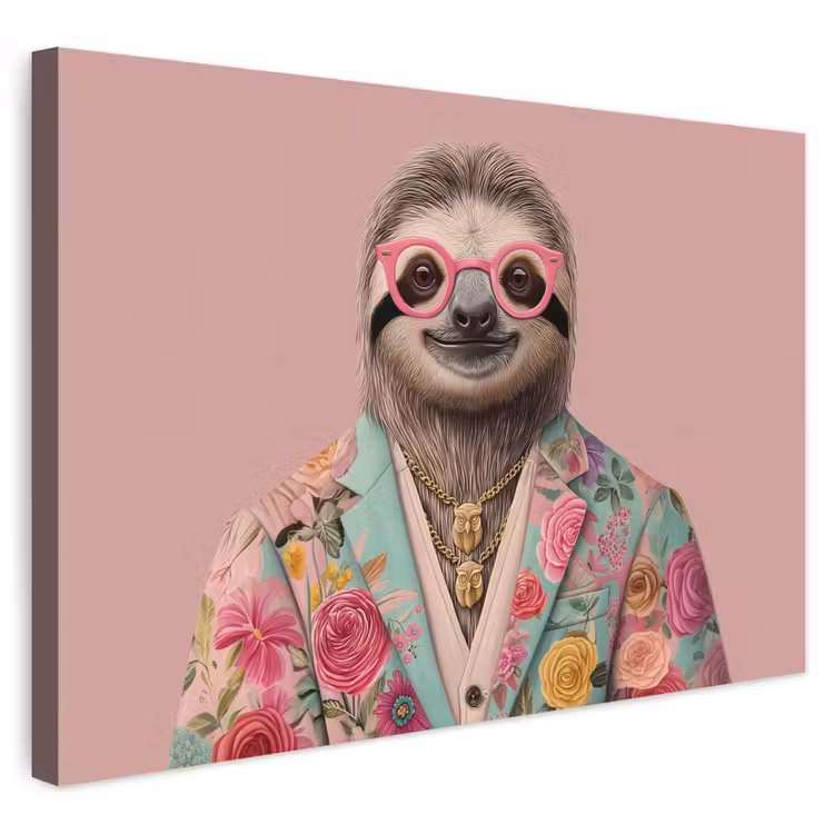 Buiten canvas - Luiaard - Bloemenprint - Bril - Roze — 1