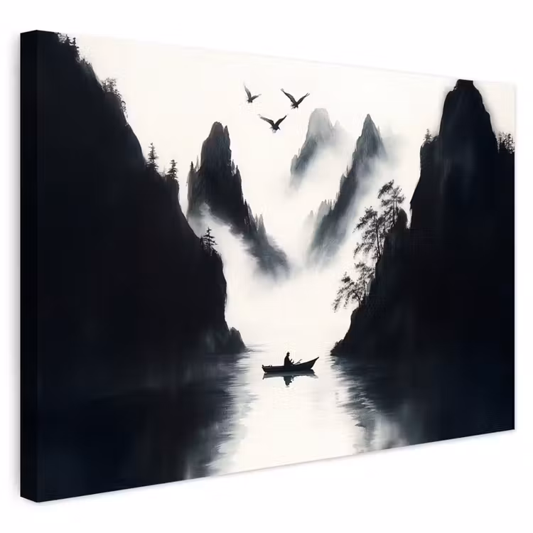 Buiten canvas - Roeiboot - Mistig - Bergen - Vogels — 1