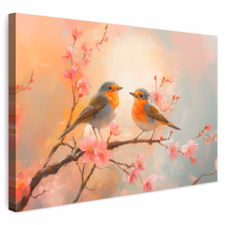 Buiten canvas - Roodborstjes - Sierlijk - Bloesemtak — 1