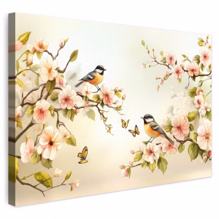 Buiten canvas - Takken - Bloemen - Vogeltjes - Roze — 1