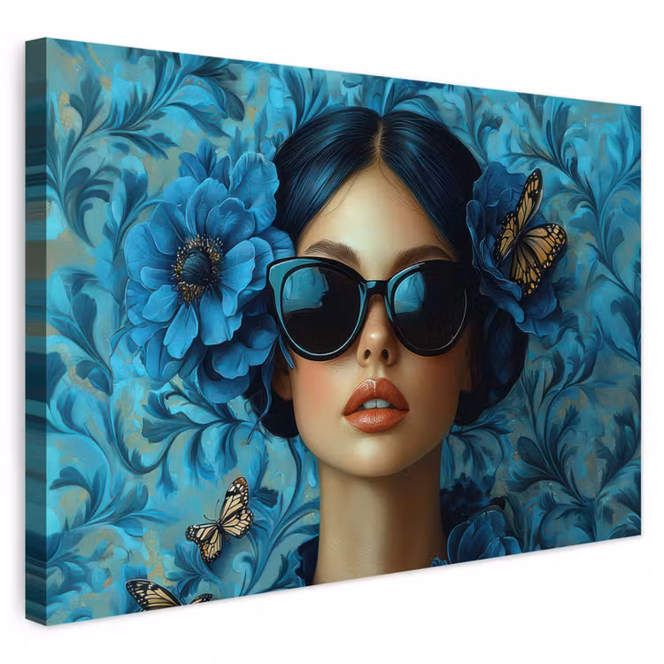 Buiten canvas - Vrouw - Bloemen - Vlinders - Blauw - Abstract — 1
