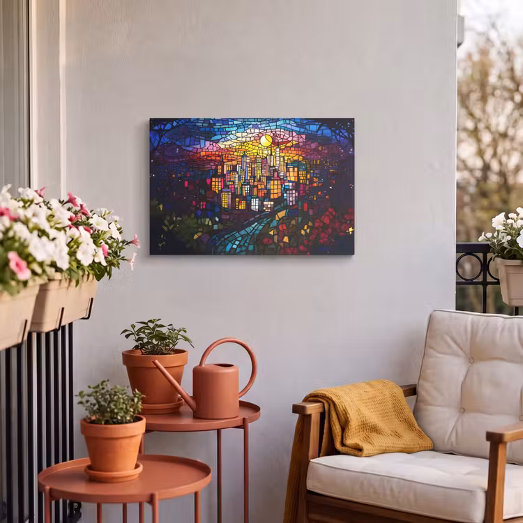 Buiten canvas - Stad - Maan - Mozaïek - Kleurrijk — 4