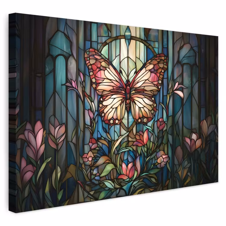 Buiten canvas - Vlinder - Roze - Bloemen - Bladeren — 1