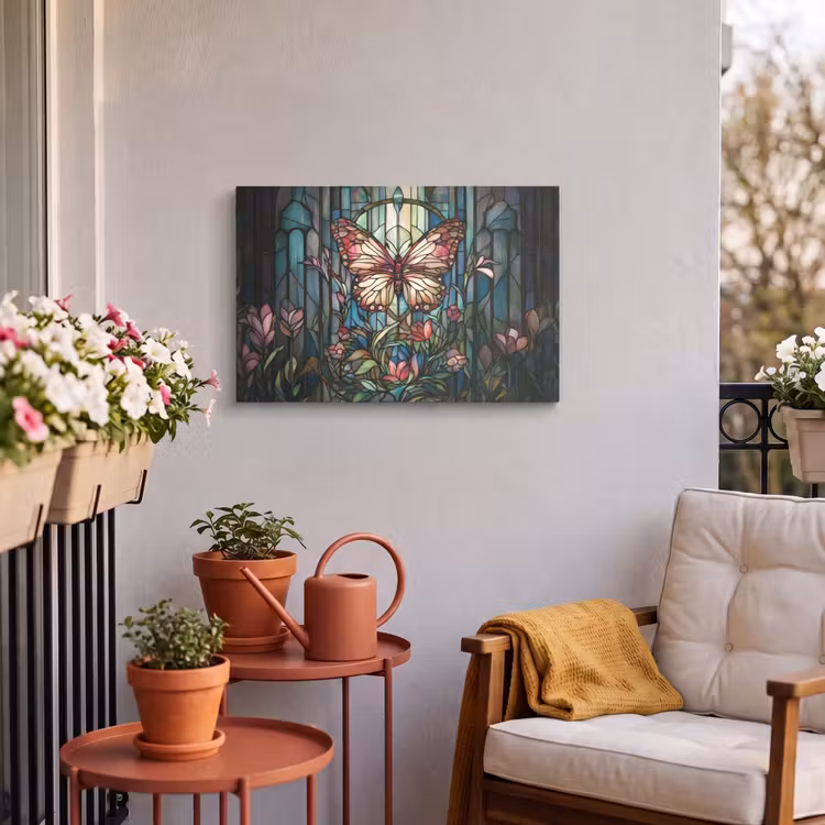 Buiten canvas - Vlinder - Roze - Bloemen - Bladeren — 4