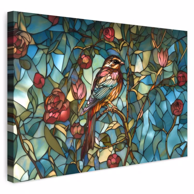 Buiten canvas - Vogel - Tak - Rozen - Mozaïek — 1