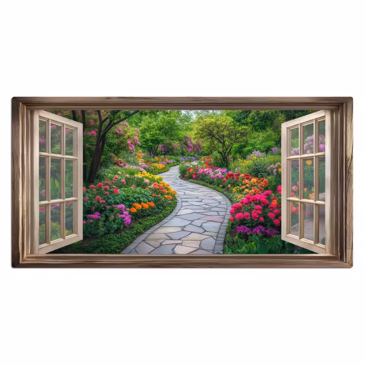 Bureau onderlegger - Doorkijk - Bloemen - Tuinpad - Natuur - Raam — 1