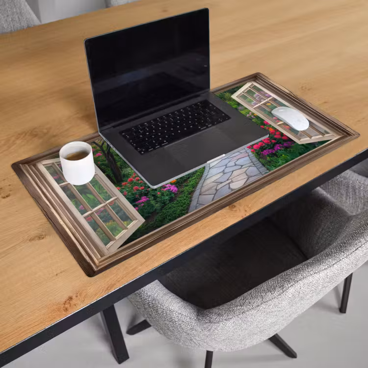 Bureau onderlegger - Doorkijk - Bloemen - Tuinpad - Natuur - Raam — 2