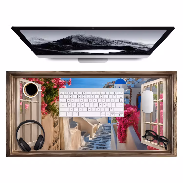 Bureau onderlegger - Doorkijk - Santorini - Landschap - Blauw - Grieks — 3