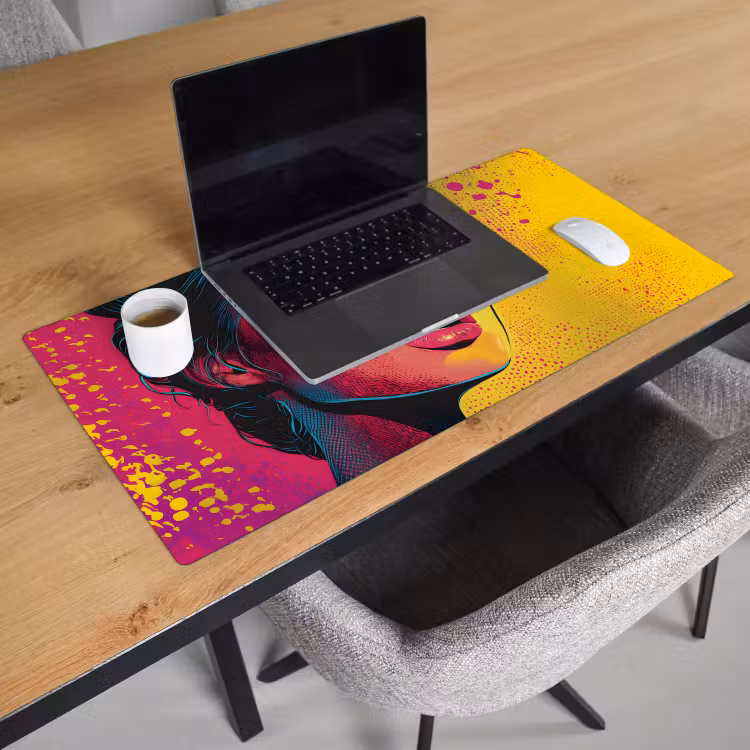 Bureau onderlegger - Close-up - Vrouwengezicht - Stippen - Geel — 2