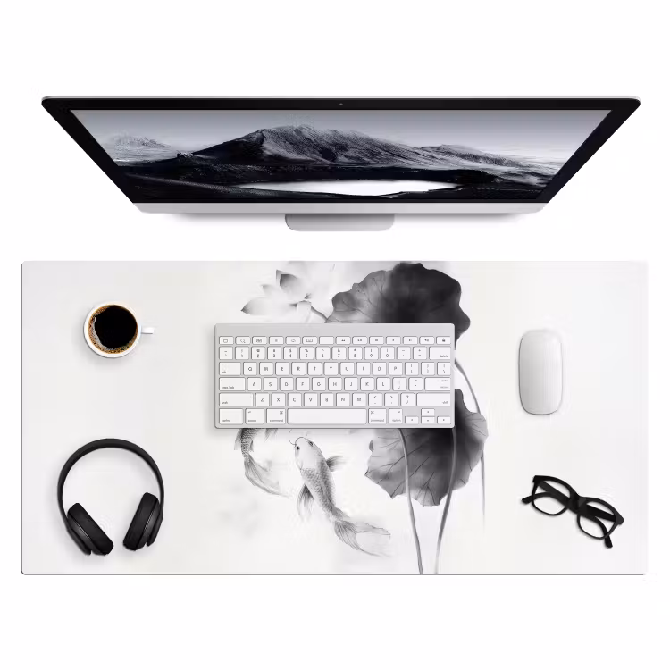 Bureau onderlegger - Lotusbloemen - Vissen - Bladeren - Zwart — 3