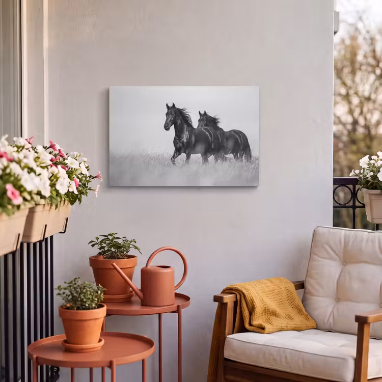 Buiten canvas - Paarden - Gras - Zwart - Wit — 4