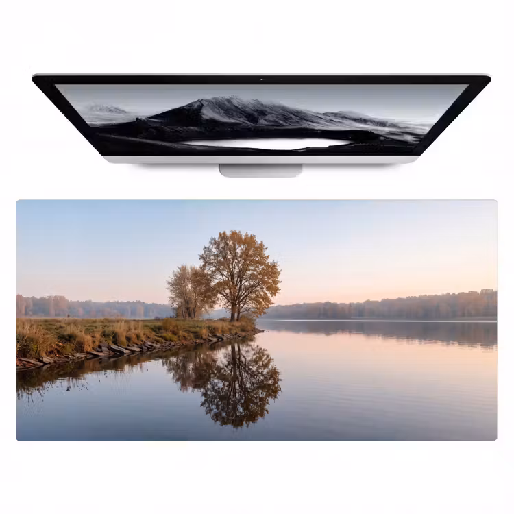 Bureau onderlegger - Bomen - Reflectie - Water - Zonsopgang - Serene — 1