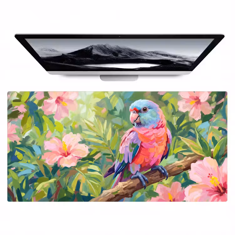 Bureau onderlegger - Papagaai - Hibiscusbloemen - Kleurrijk — 1