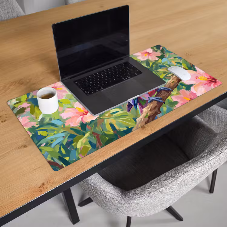 Bureau onderlegger - Papagaai - Hibiscusbloemen - Kleurrijk — 3