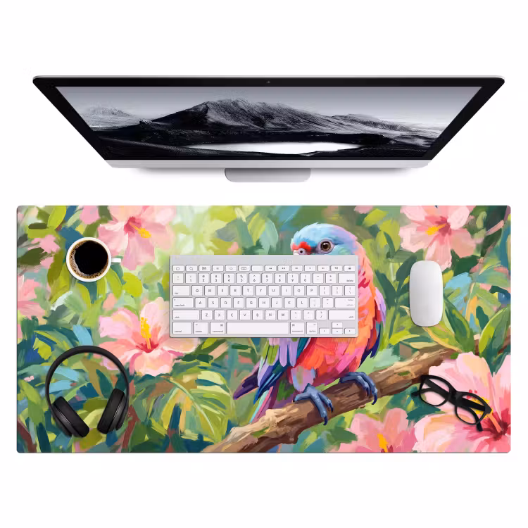 Bureau onderlegger - Papagaai - Hibiscusbloemen - Kleurrijk — 4