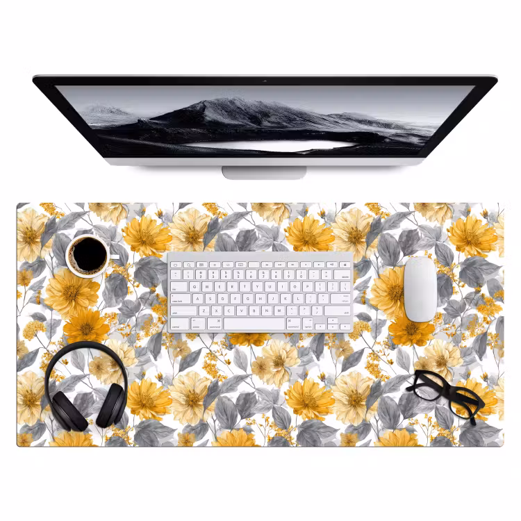 Bureau onderlegger - Bloemen - Botanisch - Elegant - Okergeel - Grijs — 4