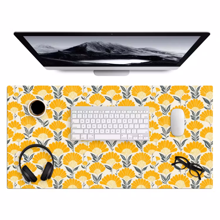Bureau onderlegger - Bloemen - Retro - Botanisch - Okergeel - Grijs — 4