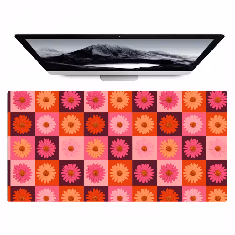 Bureau onderlegger - Madeliefjes - Dambord - Retro - Roze - Oranje — 1