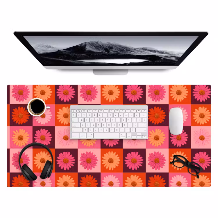 Bureau onderlegger - Madeliefjes - Dambord - Retro - Roze - Oranje — 4