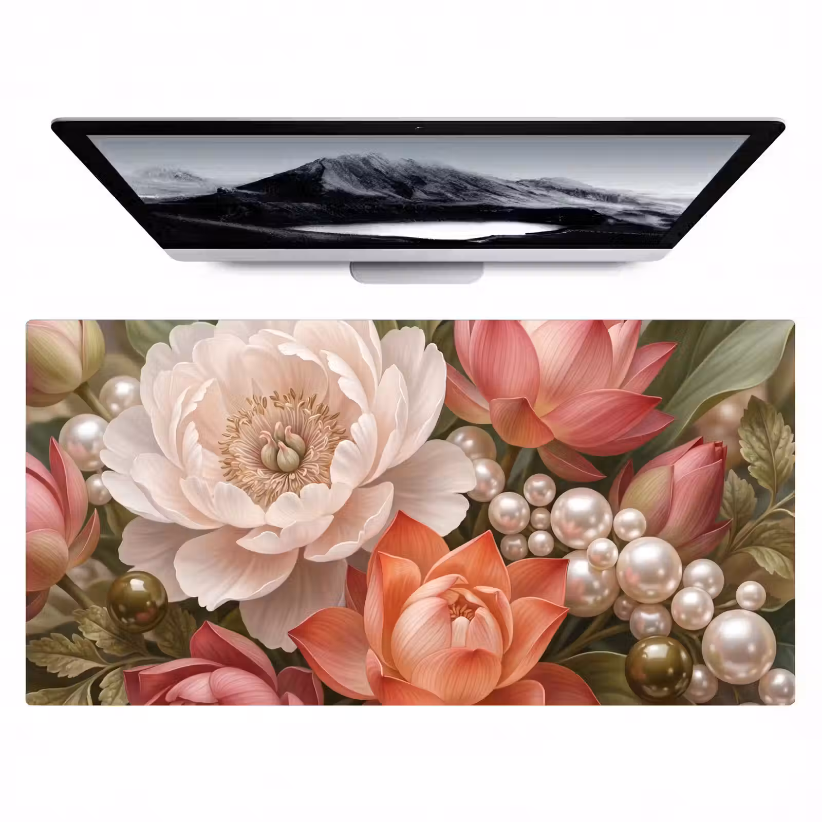 Bureau onderlegger - Bloemen - Parels - Elegant - Roze - Wit — 1