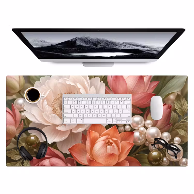Bureau onderlegger - Bloemen - Parels - Elegant - Roze - Wit — 4