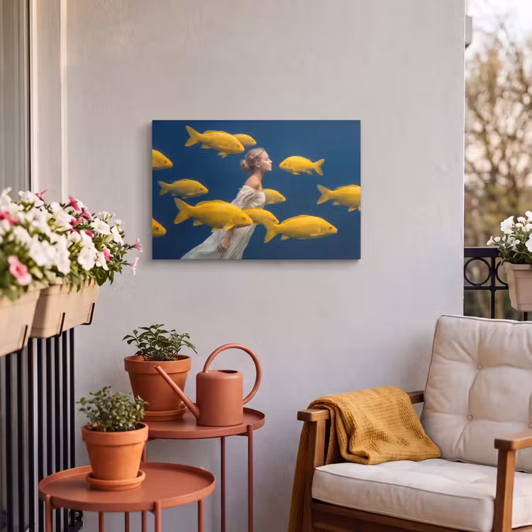Buiten canvas - Vrouw - Vis - Water - Natuur - Geel — 4