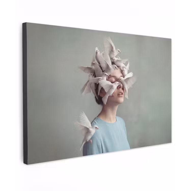 Buiten canvas - Vrouw - Vogels - Abstract - Modern - Wit — 1
