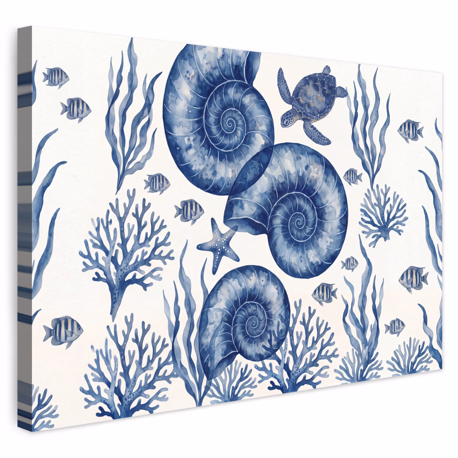Buiten canvas - Schelp - Spiraal - Zeeleven - Aquarel - Blauw — 1