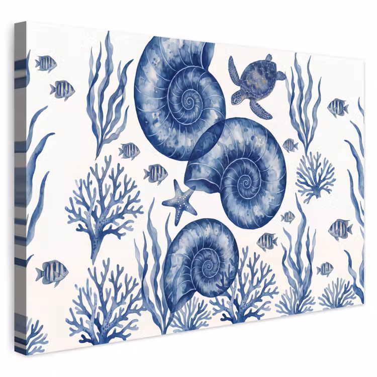 Buiten canvas - Schelp - Spiraal - Zeeleven - Aquarel - Blauw — 1