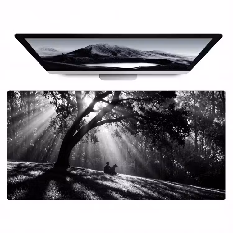 Bureau onderlegger - Mens - Hond - Natuur - Zwart-wit - Silhouet — 1