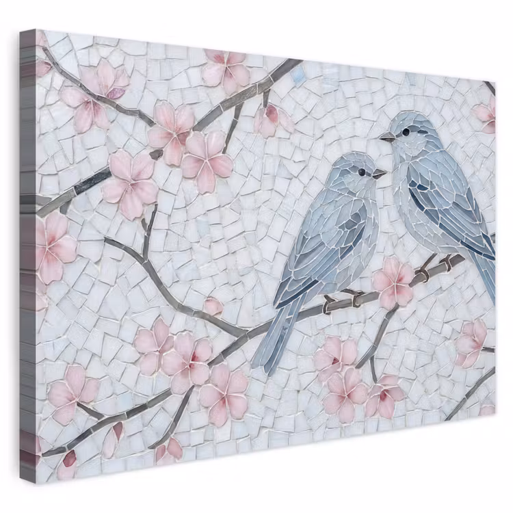 Buiten canvas - Vogel - Bloemen - Natuur - Mozaïek - Roze — 1
