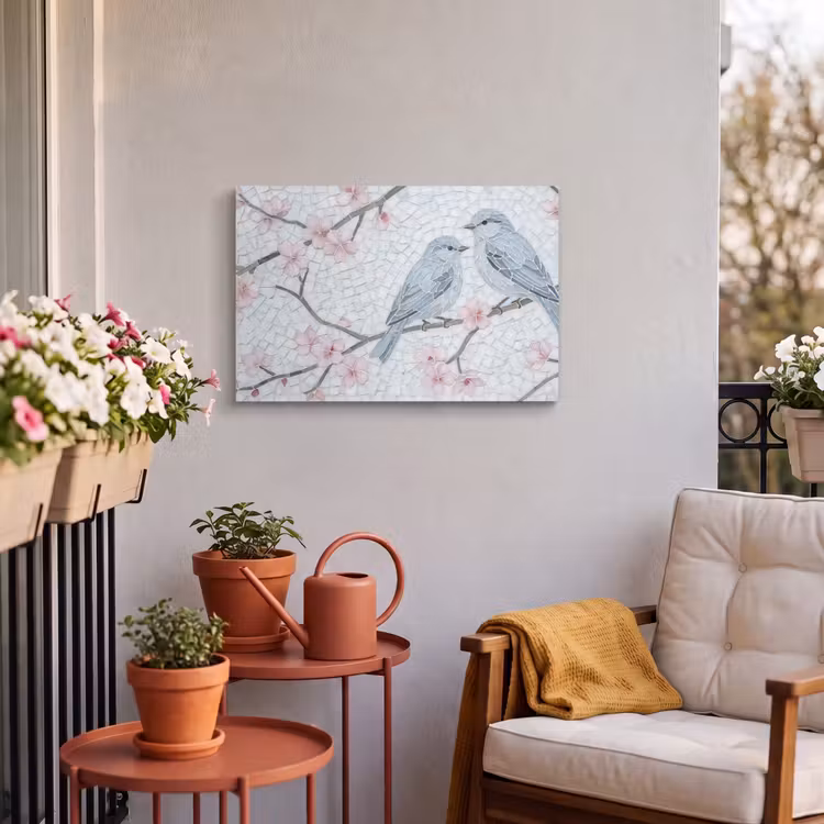 Buiten canvas - Vogel - Bloemen - Natuur - Mozaïek - Roze — 3