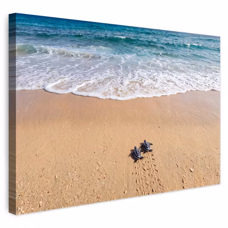 Buiten canvas - Schildpad - Jong - Strand - Oceaan - Blauw — 1