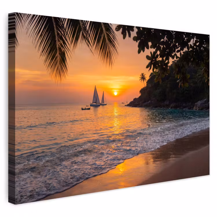 Buiten canvas - Zee - Zonsondergang - Boot - Natuur - Oranje — 1