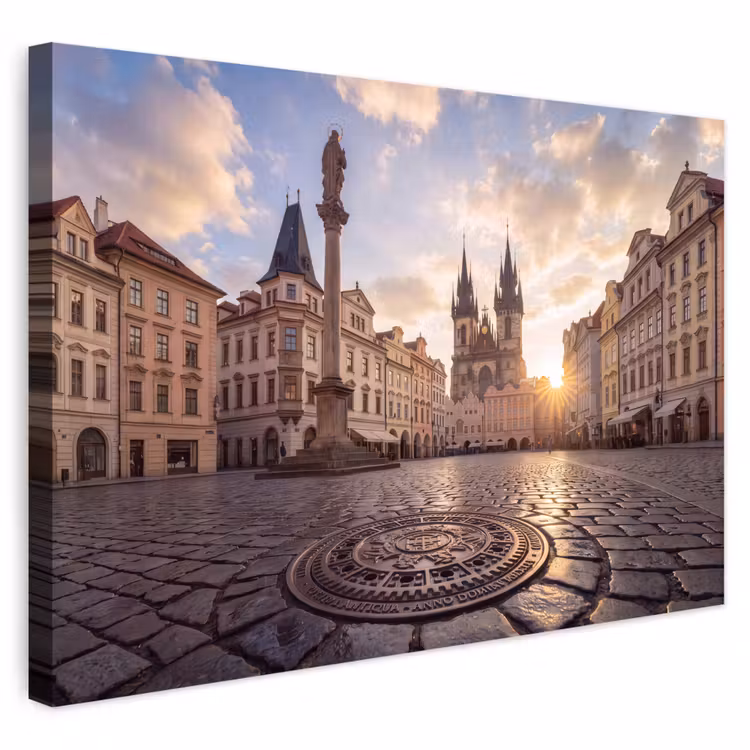 Buiten canvas - Stad - Praag - Ochtend - Architectuur - Goud — 1