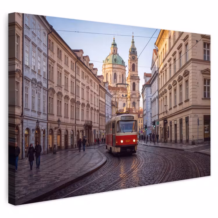 Buiten canvas - Tram - Straat - Stadsgezicht - Klassiek - Rood — 1