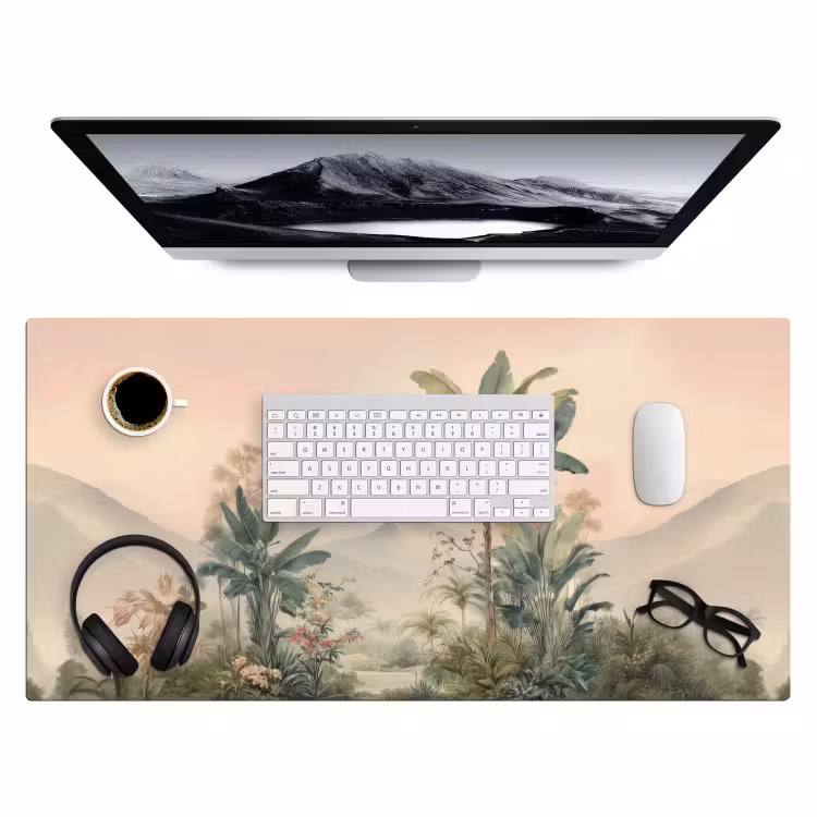 Bureau onderlegger - Tropisch landschap - palmbomen - Bloemen - Roze lucht — 3