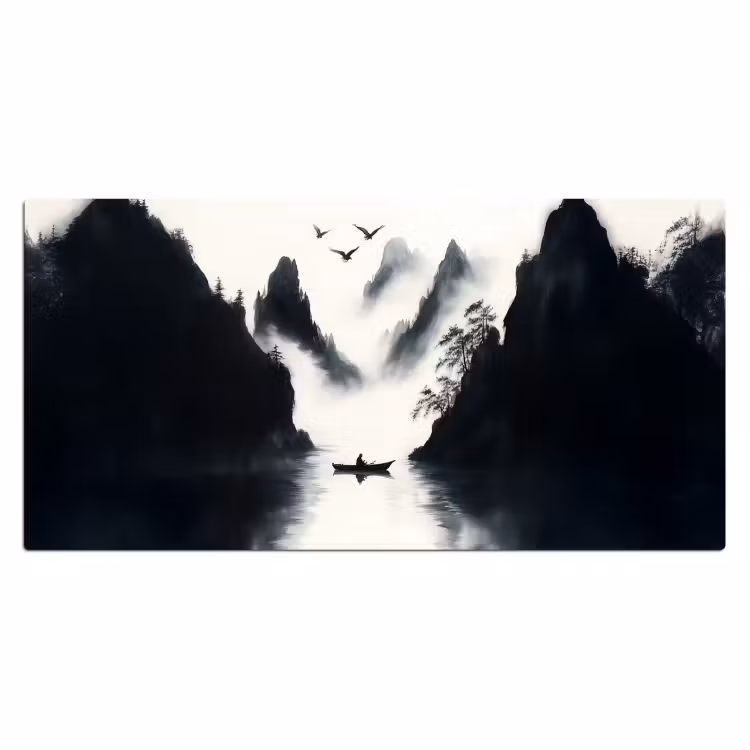 Bureau onderlegger - Roeiboot - Mistig - Bergen - Vogels — 1