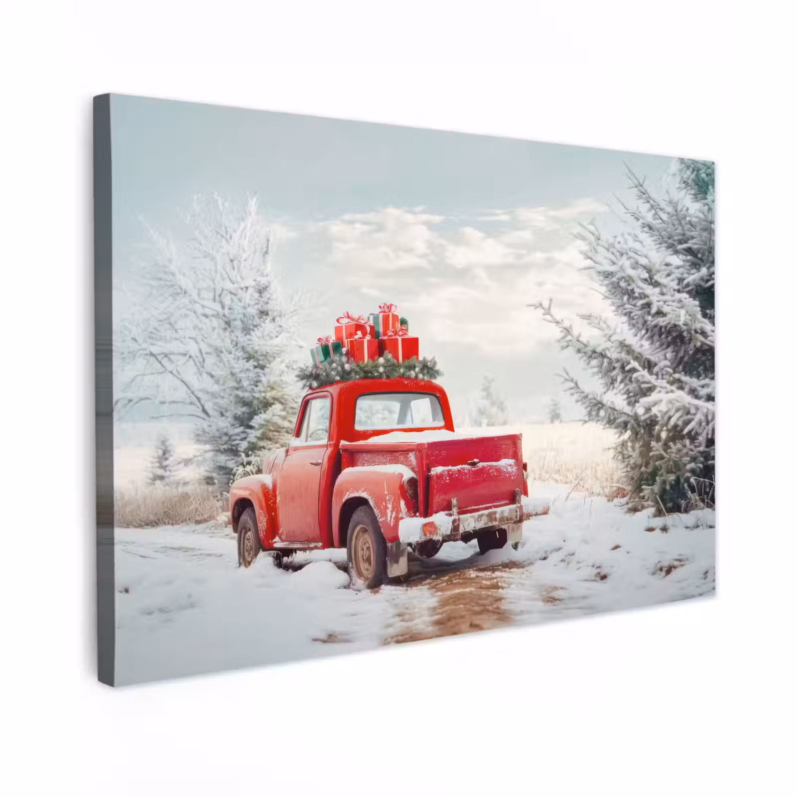 Canvas schilderij - Auto - Rood - Cadeaus - Winter - Sneeuw - Kerst — 1
