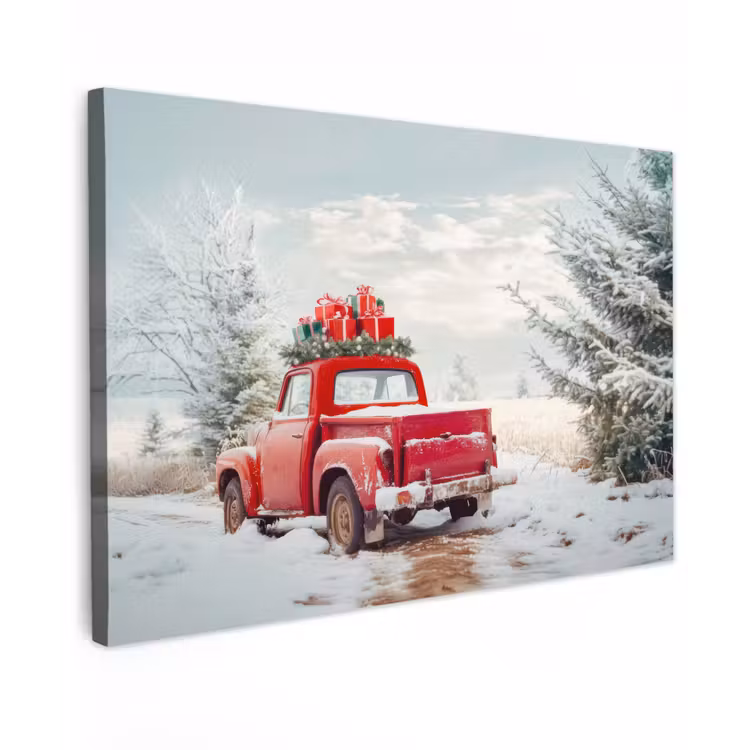 Canvas schilderij - Auto - Rood - Cadeaus - Winter - Sneeuw - Kerst — 1