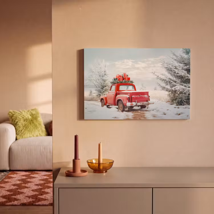 Canvas schilderij - Auto - Rood - Cadeaus - Winter - Sneeuw - Kerst — 2