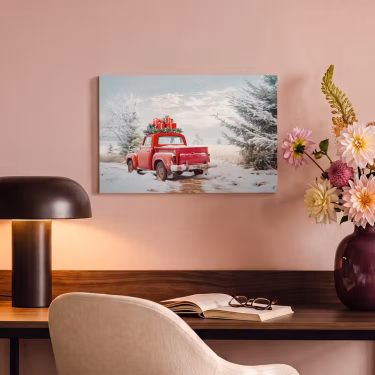 Canvas schilderij - Auto - Rood - Cadeaus - Winter - Sneeuw - Kerst — 4