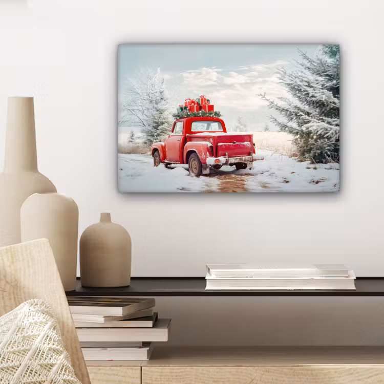 Canvas schilderij - Auto - Rood - Cadeaus - Winter - Sneeuw - Kerst — 5
